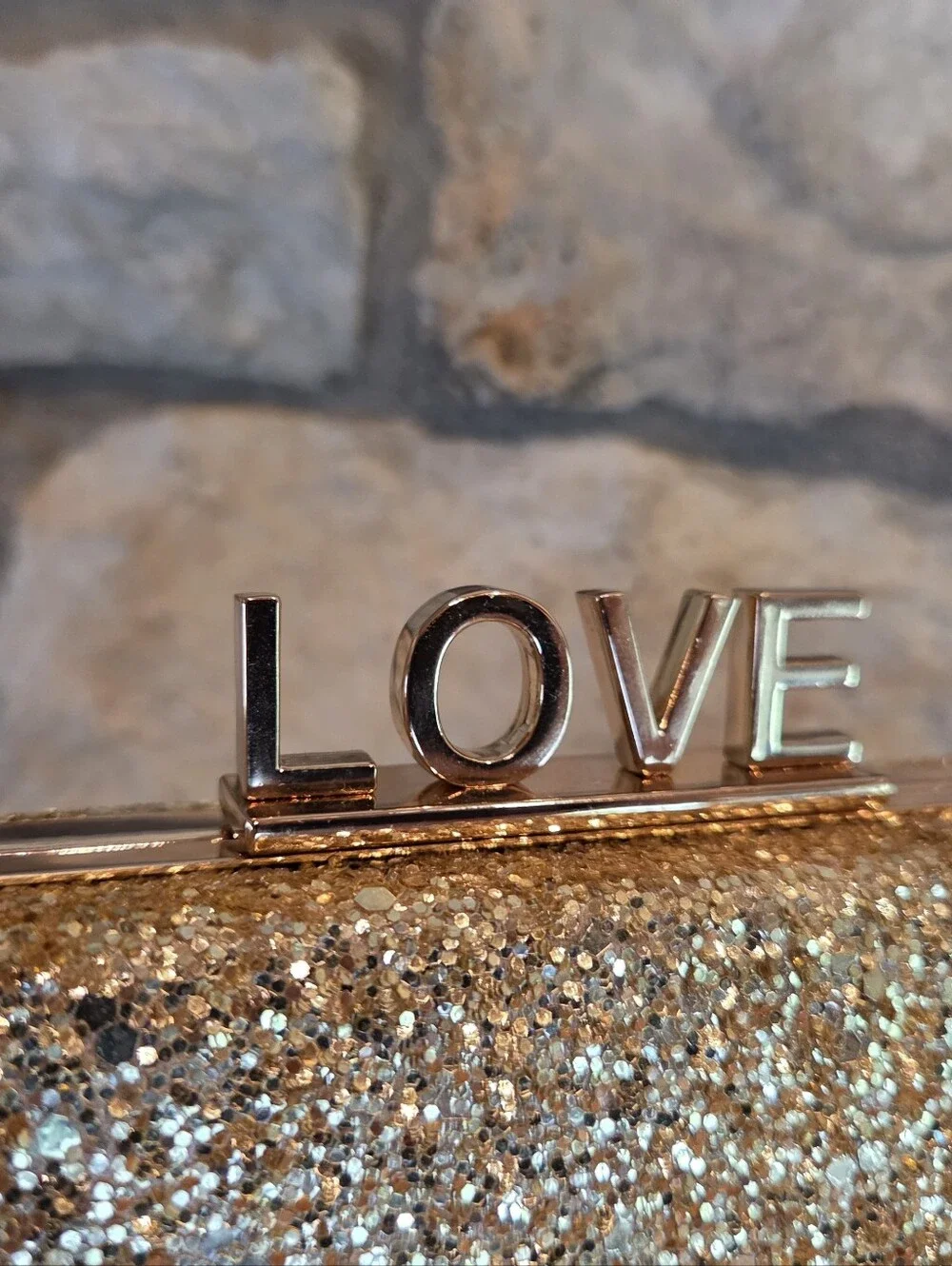 Gold Glitter LOVE Evening Clutch Bag Sparkly Bridal Purse Wedding Prom Handbag
